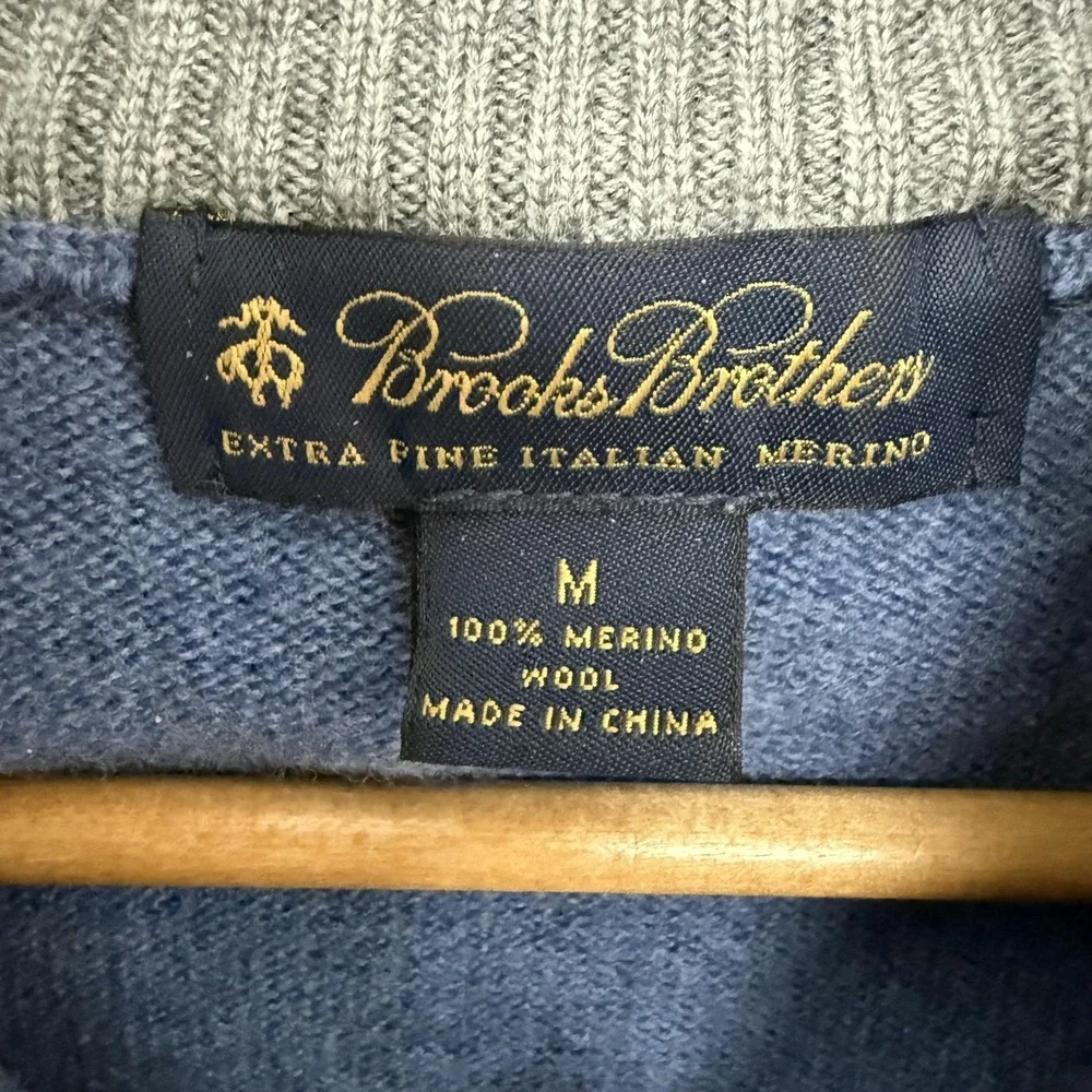 Brooks Brothers Sweater Mens Medium Blue Argyle 1/4 Zip Mock Neck Merino Knit